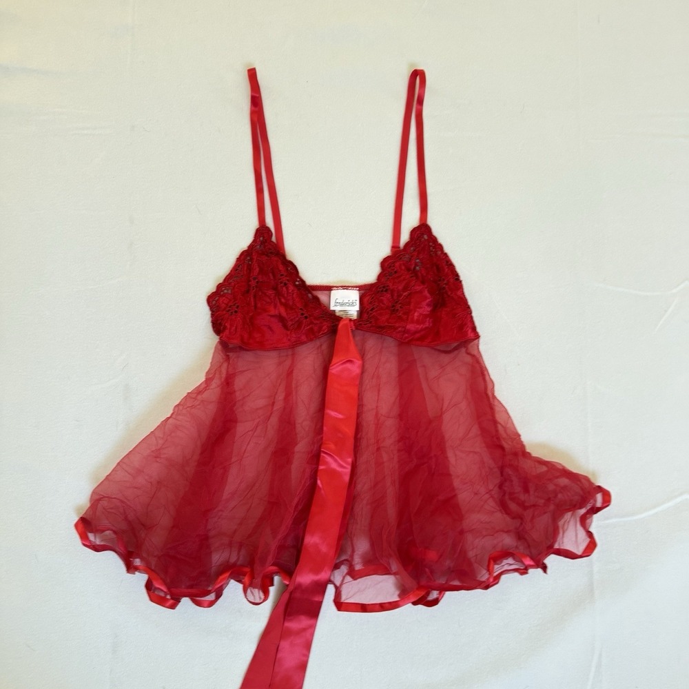 Frederick's of Hollywood Red Babydoll Dress Coquette Sheer Lace S